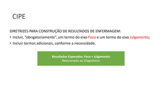 CIPE
DIRETRIZES PARA CONSTRUÇÃO DE RESULTADOS DE ENFERMAGEM:
• Incluir, “obrigatoriamente”, um termo do eixo Foco e um termo do eixo Julgamento;
• Incluir termos adicionais, conforme a necessidade;
Resultados Esperados: Foco + Julgamento
Relacionado ao Diagnóstico
 