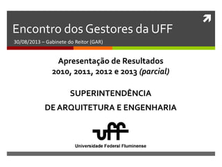 
Encontro dos Gestores da UFF
30/08/2013 – Gabinete do Reitor (GAR)
SUPERINTENDÊNCIA
DE ARQUITETURA E ENGENHARIA
Apresentação de Resultados
2010, 2011, 2012 e 2013 (parcial)
 