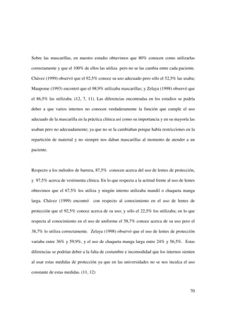 Sobre las mascarillas, en nuestro estudio obtuvimos que 80% conocen como utilizarlas

correctamente y que el 100% de ellos las utiliza pero no se las cambia entre cada paciente.

Chávez (1999) observó que el 92,5% conoce su uso adecuado pero sólo el 52,5% las usaba;

Maupome (1993) encontró que el 98,9% utilizaba mascarillas; y Zelaya (1998) observó que

el 86,5% las utilizaba. (12, 7, 11). Las diferencias encontradas en los estudios se podría

deber a que varios internos no conocen verdaderamente la función que cumple el uso

adecuado de la mascarilla en la práctica clínica así como su importancia y en su mayoría las

usaban pero no adecuadamente; ya que no se la cambiaban porque había restricciones en la

repartición de material y no siempre nos daban mascarillas al momento de atender a un

paciente.



Respecto a los métodos de barrera, 87,5% conocen acerca del uso de lentes de protección,

y 97,5% acerca de vestimenta clínica. En lo que respecta a la actitud frente al uso de lentes

obtuvimos que el 67,5% los utiliza y ningún interno utilizaba mandil o chaqueta manga

larga. Chávez (1999) encontró      con respecto al conocimiento en el uso de lentes de

protección que el 92,5% conoce acerca de su uso; y sólo el 22,5% los utilizaba; en lo que

respecta al conocimiento en el uso de uniforme el 58,7% conoce acerca de su uso pero el

38,7% lo utiliza correctamente. Zelaya (1998) observó que el uso de lentes de protección

variaba entre 36% y 59,9%, y el uso de chaqueta manga larga entre 24% y 56,5%. Estas

diferencias se podrían deber a la falta de costumbre e incomodidad que los internos sienten

al usar estas medidas de protección ya que en las universidades no se nos inculca el uso

constante de estas medidas. (11, 12)



                                                                                          70
 