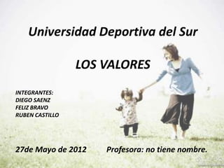 Universidad Deportiva del Sur

                 LOS VALORES
INTEGRANTES:
DIEGO SAENZ
FELIZ BRAVO
RUBEN CASTILLO




27de Mayo de 2012    Profesora: no tiene nombre.
 