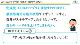 kintoneアプリの作成が目的ではない
完成度100％のアプリを目指すのではなく、
最低限運用可能な状態でまずリリースする。
自身がスキルアップしたからといって、
自らのハードルを上げてしまわない。
『アレもコレも』が足かせにならないように
田中のもくろみ③
 