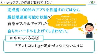 kintoneアプリの作成が目的ではない
完成度100％のアプリを目指すのではなく、
最低限運用可能な状態でまずリリースする。
自身がスキルアップしたからといって、
自らのハードルを上げてしまわない。
『アレもコレも』が足かせにならないように
田中のもくろみ③
kintoneは
ツールのひとつです！
ツールを作ることが
目的ではありません！
 