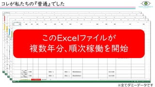 コレが私たちの『普通』でした
最大で250項目(列)×1000行
※全てダミーデータです
このExcelファイルが
複数年分、順次稼働を開始
 