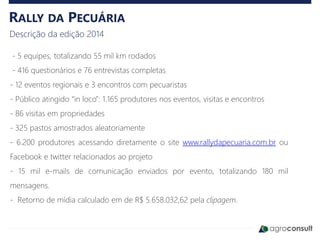 RALLY DA PECUÁRIA
Descrição da edição 2014
- 5 equipes, totalizando 55 mil km rodados
- 416 questionários e 76 entrevistas completas
- 12 eventos regionais e 3 encontros com pecuaristas
- Público atingido “in loco”: 1.165 produtores nos eventos, visitas e encontros
- 86 visitas em propriedades
- 325 pastos amostrados aleatoriamente
- 6.200 produtores acessando diretamente o site www.rallydapecuaria.com.br ou
Facebook e twitter relacionados ao projeto
- 15 mil e-mails de comunicação enviados por evento, totalizando 180 mil
mensagens.
- Retorno de mídia calculado em de R$ 5.658.032,62 pela clipagem.
 