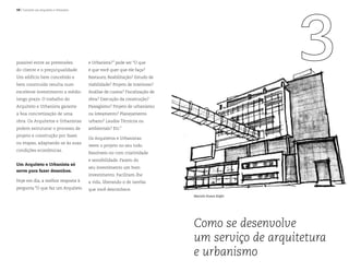 10 | Contrate um Arquiteto e Urbanista
Como se desenvolve
um serviço de arquitetura
e urbanismo
Marcelo Nunes Kiefer
possível entre as pretensões
do cliente e o preço/qualidade.
Um edifício bem concebido e
bem construído resulta num
excelente investimento a médio-
longo prazo. O trabalho do
Arquiteto e Urbanista garante
a boa concretização de uma
obra. Os Arquitetos e Urbanistas
podem estruturar o processo de
projeto e construção por fases
ou etapas, adaptando-se às suas
condições econômicas.
Um Arquiteto e Urbanista só
serve para fazer desenhos.
Hoje em dia, a melhor resposta à
pergunta “O que faz um Arquiteto
e Urbanista?” pode ser “O que
é que você quer que ele faça?
Restauro, Reabilitação? Estudo de
viabilidade? Projeto de interiores?
Análise de custos? Fiscalização de
obra? Execução da construção?
Paisagismo? Projeto de urbanismo
ou loteamento? Planejamento
urbano? Laudos Técnicos ou
ambientais? Etc.”
Os Arquitetos e Urbanistas
veem o projeto no seu todo.
Resolvem-no com criatividade
e sensibilidade. Fazem do
seu investimento um bom
investimento. Facilitam-lhe
a vida, liberando-o de tarefas
que você desconhece.
 