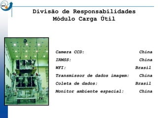 Divisão de Responsabilidades
     Módulo Carga Útil




      Camera CCD:                     China
      IRMSS:                          China
      WFI:                           Brasil
      Transmissor de dados imagem:    China
      Coleta de dados:               Brasil
      Monitor ambiente espacial:      China
 