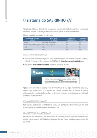 O sistema do SAERJINHO ///
S.I.A.




                            Através da utilização do sistema, os usuários previamente cadastrados terão acesso aos
                            resultados obtidos na avaliação de acordo com os perfis de acesso ao sistema.

                            Abaixo, o quadro com os perfis e acessos:
                                Perfil de Acesso ao                       Resultado        Resultado        Resultado
                                      Sistema                             por Escola      por Diretoria     por Aluno
                             SEEDUC                          Sim- todas as regionais     Sim               Sim
                             Diretoria Regional Pedagógica   Sim – da sua Regional       Sim               Sim
                             Escola                          Não                         Sim               Sim
                             Rede Municipal                  Não                         Sim               Sim



                            ACESSANDO O SISTEMA ///
                            4.	 Para acessar o sistema, digite, na barra de endereço do seu browser (Internet Explorer,
                               Mozilla Firefox e etc.), o endereço do SAERJINHO: http://www.saerj.caedufjf.net.

                            » Clique em “Avaliação Diagnóstica” no canto esquerdo da tela




                            Após o carregamento da página, você deverá efetuar o seu login no sistema; para isso,
                            digite o login (que é o seu CPF) e a senha nos campos indicados. Para as escolas, as senhas
                            utilizadas serão o código do Censo. Para as diretorias regionais pedagógicas a senha é igual
                            a utilizada no ano anterior.


                            UTILIZANDO O SISTEMA ///
                            Todo usuário cadastrado no SAERJINHO possui um perfil pré-determinado que lhe dará
                            acesso apenas às funcionalidades referentes a ele.


                            VISUALIZANDO RESULTADOS ///
                            Através da Tela de Consulta aos Resultados, os usuários poderão consultar os resultados
                            obtidos nas provas do SAERJINHO por Diretoria, Escola, Turma ou Aluno, dependendo do
                            seu Perfil.




22       SAERJINHO - 2013
 