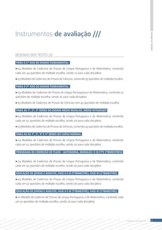 Instrumentos de avaliação ///




                                                                                                                Manual do Diretor
Desenho dos testes ///

Para o 5º ano do Ensino Fundamental:

» 04 Modelos de Cadernos de Provas de Língua Portuguesa e de Matemática, contendo
cada um 44 questões de múltipla escolha, sendo 22 para cada disciplina.

» 03 Modelos de Cadernos de Provas de Ciências, contendo 35 questões de múltipla escolha.

Para o 9º ano do Ensino Fundamental:

» 04 Modelos de Cadernos de Provas de Língua Portuguesa e de Matemática, contendo 52
questões de múltipla escolha, sendo 26 para cada disciplina.

» 03 Modelos de Cadernos de Provas de Ciências com 45 questões de múltipla escolha.

Para as 1ª, 2ª, 3ª séries do Ensino Médio Regular, Médio Integrado

» 04 Modelos de Cadernos de Provas de Língua Portuguesa e de Matemática, contendo
cada um 52 questões de múltipla escolha, sendo 26 para cada disciplina.

» 03 Modelos de Cadernos de Provas de Ciências, contendo 45 questões de múltipla escolha.

Para as as 1ª, 2ª, 3ª e 4ª séries do Curso Normal

» 04 Modelos de Cadernos de Provas de Língua Portuguesa e de Matemática, contendo
cada um 52 questões de múltipla escolha, sendo 26 para cada disciplina.

Programa de Correção de Fluxo - Autonomia, Modulos I e III (1ºe 2ºbimestres)
e Modulos II e IV (3ºbimestre):

» 04 Modelos de Cadernos de Provas de Língua Portuguesa e de Matemática, contendo
cada um 52 questões de múltipla escolha, sendo 26 para cada disciplina.

Educação de Jovens e Adultos, Fase II e III (1ºbimestre), Fase III (2ºbimestre);

» 04 Modelos de Cadernos de Provas de Língua Portuguesa e de Matemática, contendo
cada um 52 questões de múltipla escolha, sendo 26 para cada disciplina.

Educação de Jovens e Adultos, Fase II e III (1ºbimestre), Fase III (2ºbimestre);

» 01 Modelo de Caderno de Provas de Língua Portuguesa e de Matemática, contendo cada
um 52 questões de múltipla escolha, sendo 26 para cada disciplina.




                                                                                            MANUAL DO Diretor       7
 