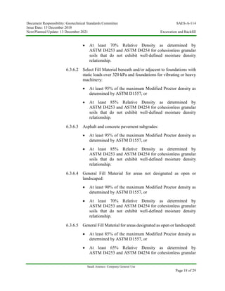 Document Responsibility: Geotechnical Standards Committee SAES-A-114
Issue Date: 13 December 2018
Next Planned Update: 13 December 2021 Excavation and Backfill
Saudi Aramco: Company General Use
Page 18 of 29
 At least 70% Relative Density as determined by
ASTM D4253 and ASTM D4254 for cohesionless granular
soils that do not exhibit well-defined moisture density
relationship.
6.3.6.2 Select Fill Material beneath and/or adjacent to foundations with
static loads over 320 kPa and foundations for vibrating or heavy
machinery:
 At least 95% of the maximum Modified Proctor density as
determined by ASTM D1557, or
 At least 85% Relative Density as determined by
ASTM D4253 and ASTM D4254 for cohesionless granular
soils that do not exhibit well-defined moisture density
relationship.
6.3.6.3 Asphalt and concrete pavement subgrades:
 At least 95% of the maximum Modified Proctor density as
determined by ASTM D1557, or
 At least 85% Relative Density as determined by
ASTM D4253 and ASTM D4254 for cohesionless granular
soils that do not exhibit well-defined moisture density
relationship.
6.3.6.4 General Fill Material for areas not designated as open or
landscaped:
 At least 90% of the maximum Modified Proctor density as
determined by ASTM D1557, or
 At least 70% Relative Density as determined by
ASTM D4253 and ASTM D4254 for cohesionless granular
soils that do not exhibit well-defined moisture density
relationship.
6.3.6.5 General Fill Material for areas designated as open or landscaped:
 At least 85% of the maximum Modified Proctor density as
determined by ASTM D1557, or
 At least 65% Relative Density as determined by
ASTM D4253 and ASTM D4254 for cohesionless granular
 
