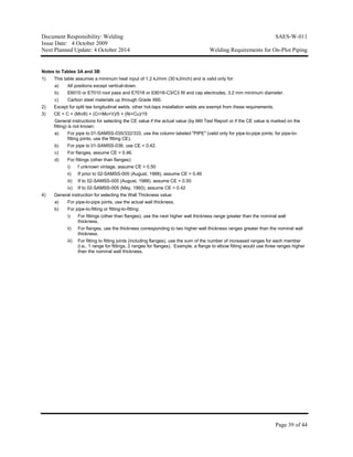 Document Responsibility: Welding SAES-W-011
Issue Date: 4 October 2009
Next Planned Update: 4 October 2014 Welding Requirements for On-Plot Piping
Page 39 of 44
Notes to Tables 3A and 3B:
1) This table assumes a minimum heat input of 1.2 kJ/mm (30 kJ/inch) and is valid only for:
a) All positions except vertical-down.
b) E6010 or E7010 root pass and E7018 or E8018-C3/C3 fill and cap electrodes, 3.2 mm minimum diameter.
c) Carbon steel materials up through Grade X60.
2) Except for split tee longitudinal welds, other hot-taps installation welds are exempt from these requirements.
3) CE = C + (Mn/6) + (Cr+Mo+V)/5 + (Ni+Cu)/15
General instructions for selecting the CE value if the actual value (by Mill Test Report or if the CE value is marked on the
fitting) is not known:
a) For pipe to 01-SAMSS-035/332/333, use the column labeled "PIPE" (valid only for pipe-to-pipe joints; for pipe-to-
fitting joints, use the fitting CE).
b) For pipe to 01-SAMSS-038, use CE = 0.42.
c) For flanges, assume CE = 0.46.
d) For fittings (other than flanges):
i) f unknown vintage, assume CE = 0.50
ii) If prior to 02-SAMSS-005 (August, 1988), assume CE = 0.46
iii) If to 02-SAMSS-005 (August, 1988), assume CE = 0.50
iv) If to 02-SAMSS-005 (May, 1993), assume CE = 0.42
4) General instruction for selecting the Wall Thickness value:
a) For pipe-to-pipe joints, use the actual wall thickness.
b) For pipe-to-fitting or fitting-to-fitting:
i) For fittings (other than flanges), use the next higher wall thickness range greater than the nominal wall
thickness.
ii) For flanges, use the thickness corresponding to two higher wall thickness ranges greater than the nominal wall
thickness.
iii) For fitting to fitting joints (including flanges), use the sum of the number of increased ranges for each member
(i.e., 1 range for fittings, 2 ranges for flanges). Example, a flange to elbow fitting would use three ranges higher
than the nominal wall thickness.
 