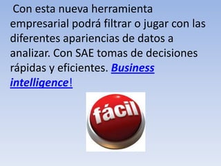  Con esta nueva herramienta empresarial podrá filtrar o jugar con las diferentes apariencias de datos a analizar. Con SAE tomas de decisiones rápidas y eficientes. Businessintelligence! 