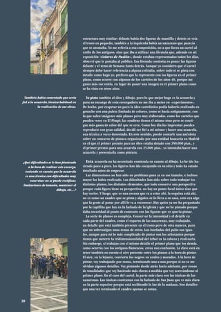 estructura muy similar: delante había dos figuras de mantilla y detrás se veía
el trono en pequeño, también a la izquierda había un nazareno que parecía
que se asomaba. Yo me refería a esa composición, no a que fuera un cartel al
estilo de los antiguos, sino que iba a utilizar una fórmula que, además en mi
exposición «Colores de Pasión», donde estaban representados todos los días,
observé que le gustaba al público. Esa fórmula consistía en poner las figuras
delante y el tema de Semana Santa detrás. Aunque yo considero que el cartel
siempre debe hacer referencia a alguna cofradía, sobre todo si se pinta con
detalle como hago yo, prefiero que la represente con las figuras en el primer
plano, como ocurre con algunos de los carteles de los años 40, porque me
gusta más ese estilo, en lugar de poner una imagen en el primer plano como
se ha visto en otros años.
Yo pinto también al óleo y dibujo, pero lo que mejor hago es la acuarela y
para un encargo de esta envergadura no me iba a meter en «experimentos».
De hecho, por respetar un poco la idea cartelística podía haberlo realizado en
gouache con una paleta limitada de colores, como se hacía antiguamente, con
la que salen imágenes más planas pero muy elaboradas, como los carteles que
pueden verse en El Pimpi; las sombras tienen el mismo tono pero se consi-
gue más gama de color del que se cree. Como hoy día las imprentas pueden
reproducir con gran calidad, decidí ser fiel a mí mismo y hacer una acuarela,
una técnica a veces denostada. En este sentido, puedo contarle una anécdota
sobre un concurso de pintura organizado por una entidad bancaria en Madrid
en el que el primer premio para un óleo estaba dotado con 350.000 ptas., y
el primer premio para una acuarela con 25.000 ptas.; yo intentaba hacer una
acuarela y presentarla como pintura.
Esta acuarela no ha necesitado enmienda en cuanto al dibujo. Lo he ido ha-
ciendo poco a poco, las figuras han ido encajando en su sitio y todo ha estado
detallado antes de empezar.
Las dimensiones no han sido un problema pues ya en ese tamaño, e incluso
mayor las había realizado. Las dificultades han sido sobre todo trabajar los
distintos planos, los distintos elementos, que todo conserve una perspectiva
porque cada figura tiene su perspectiva, no hay un punto focal único sino que
hay varios. Y luego, que es una escena que va a estar ahí, la esquina está ahí,
no es como un cuadro que se pinta y alguien se lo lleva a su casa, esto era algo
que la gente al pasar por allí lo va a reconocer. Hay quien ya me ha preguntado
por la capillita que hay en la fachada de la iglesia y que no he pintado porque
daba oscuridad al punto de contraste con las figuras que yo quería pintar.
La serie de planos es compleja. Conservar la intensidad y el detalle en
cada parte del cuadro, como el esparto de las nazarenas, muy trabajado,
un detalle que está también presente en el trono pero de otra manera, para
que no sobresalgan unos temas de otros. Los bordados del palio son igua-
les, aunque para mí lo más complicado de pintar son los arbotantes porque
tienes que meterte la tridimensionalidad del árbol en la cabeza y realizarla.
Sin embargo, si trabajas con el mismo detalle el primer plano que los demás,
como ocurría con los antiguos flamencos, creas una confusión. La clave está en
tener también en cuenta el aire presente entre los planos a la hora de pintar.
El aire, en la lejanía, convierte los negros en azules y morados. A la hora de
pintar, voy trabajando por zonas, terminando una a una porque si no se me
olvidan algunos detalles. Voy pintando desde atrás hacia adelante, por zonas
de tonalidades que voy haciendo más claras a medida que voy acercándome al
primer plano. En el caso del cartel, la parte más clara son las túnicas de las
nazarenas. Las túnicas contrastan con la fachada de San Juan que es más clara
en la parte superior porque está recibiendo la luz de la mañana. Son detalles
que una vez terminado el cuadro apenas se notan.
También había comentado que sería
fiel a la acuarela, técnica habitual en
la realización de sus obras.
¿Qué dificultades se le han planteado
a la hora de realizar este encargo,
teniendo en cuenta que la acuarela
es una técnica con dificultades muy
concretas: no se puede rectificar,
limitaciones de tamaño, mantener el
dibujo, etc…?
20
 