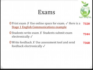 Exams
0 Print exam ✗ Use online space for exam. ✓ Here is a
Stage 1 English Communications example
0 Students write exam ✗ Students submit exam
electronically ✓
0 Write feedback ✗ Use assessment tool and send
feedback electronically ✓
7320
7344
7368
 