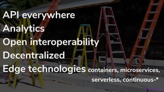 API everywhere
Analytics
Open interoperability
Decentralized
Edge technologies containers, microservices,
serverless, continuous-*
#OReillySACon
 