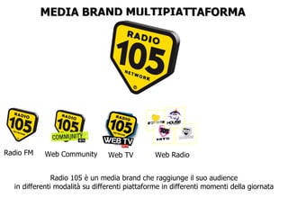 MEDIA BRAND MULTIPIATTAFORMA Radio FM Web Community Web Radio Web TV Radio 105 è un media brand che raggiunge il suo audience in differenti modalità su differenti piattaforme in differenti momenti della giornata 