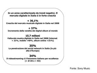 Fonte: Sony Music In un anno caratterizzato da trend negativi, Il mercato digitale in Italia é in forte crescita + 36,1% Crescita del mercato musicale digitale in Italia nel 2008 + 37% Incremento della vendita dei digital album al mondo 15.7 milioni Fatturato musica digitale in Italia nel 2008 (internet  + 21%, mobile +40%, album online +31%) 35% La penetrazione dei social network in Italia (la più  alta d’Europa) 34% Il videostreaming é il fenomeno italiano per eccellenza  (+ di US e + EU) 