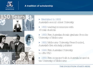 A tradition of scholarship >   Established in 1853:   Australia’s second oldest University  >   1855:  teaching commences with  16 male students >   1883:  First Australian female graduate from the University of Melbourne  >   1922:  Melbourne University Press founded, Australia’s first scholarly publisher >   1945:  First Australian University  to offer PhD >   1955:  First computer built in Australia housed at the University of Melbourne 