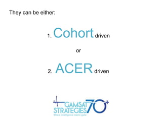 They can be either:

1.

Cohort

driven

or

2.

ACER

driven

 