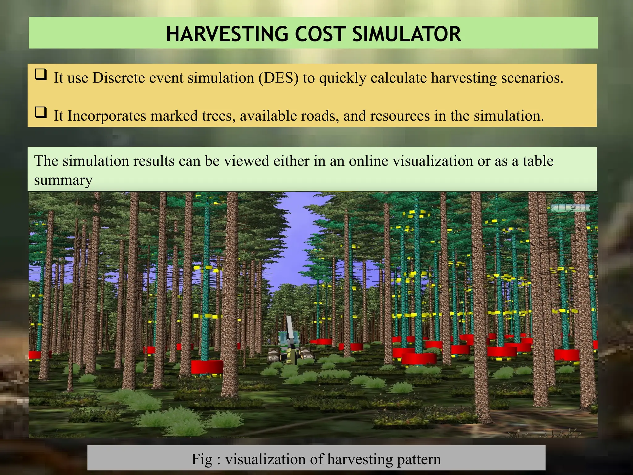 HARVESTING COST SIMULATOR
The simulation results can be viewed either in an online visualization or as a table
summary
 It use Discrete event simulation (DES) to quickly calculate harvesting scenarios.
 It Incorporates marked trees, available roads, and resources in the simulation.
Fig : visualization of harvesting pattern
 