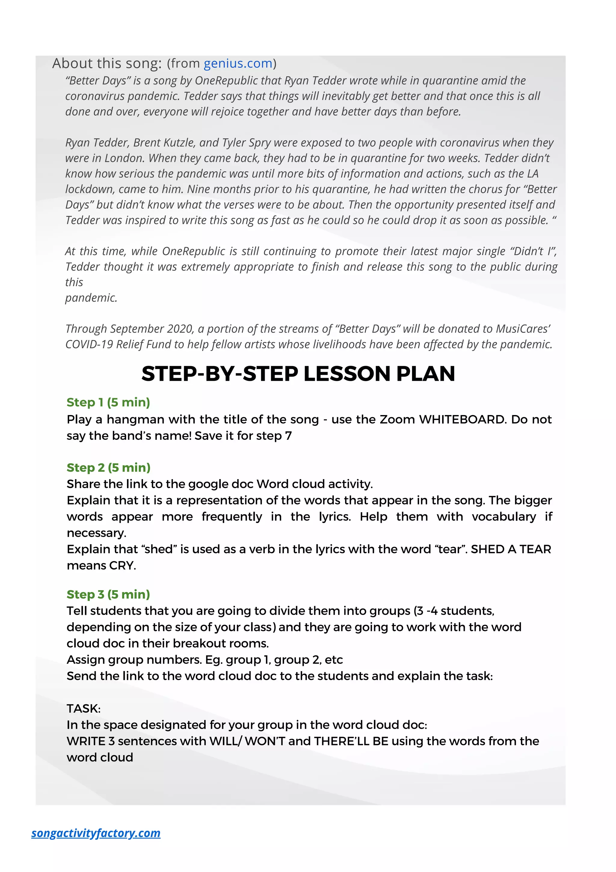 Practicing The Simple Future With Songs: OneRepublic - Better Days | PDF