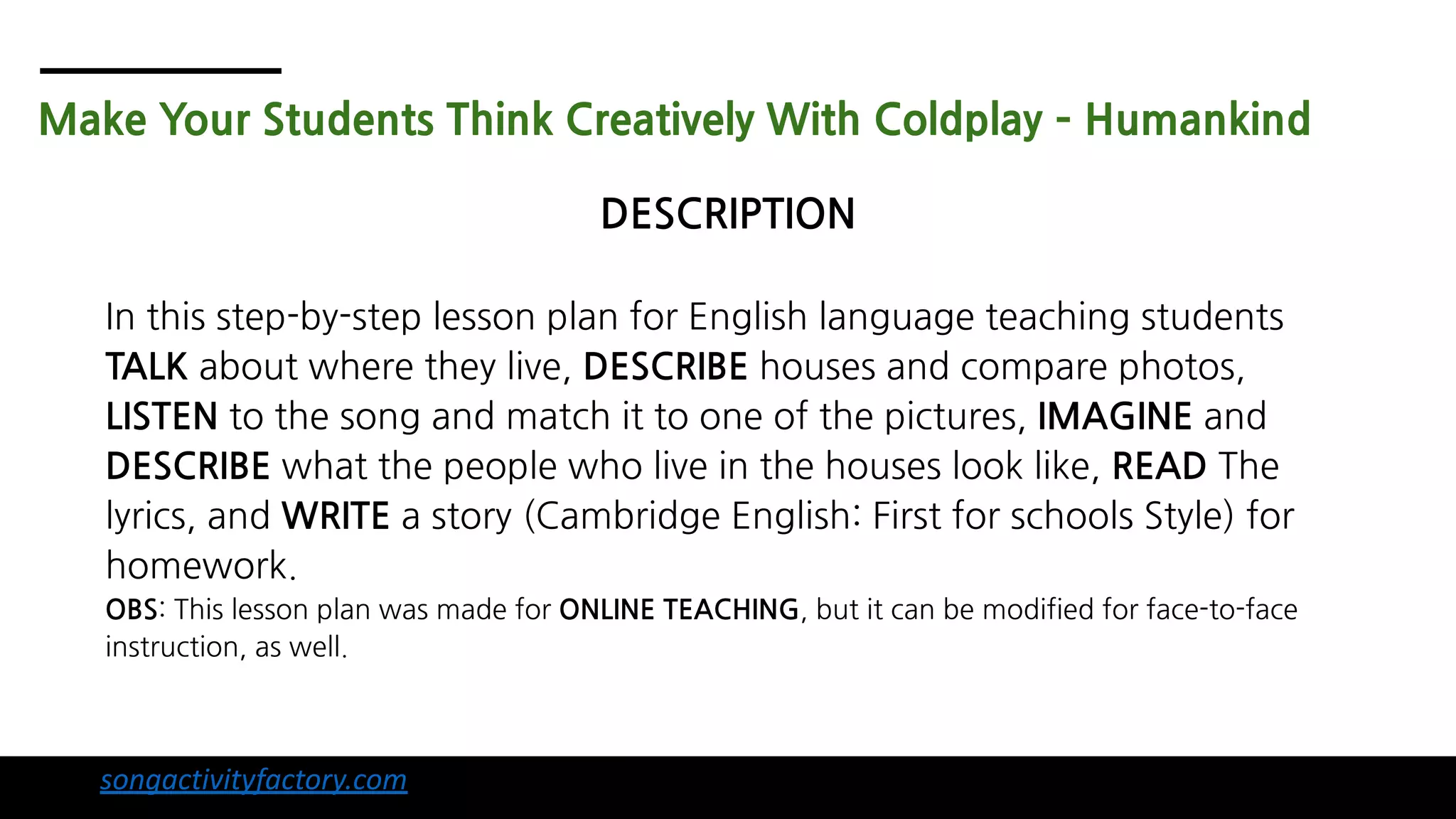 MAKE YOUR ESL STUDENTS THINK CREATIVELY WITH COLDPLAY – HUMANKIND! | PDF
