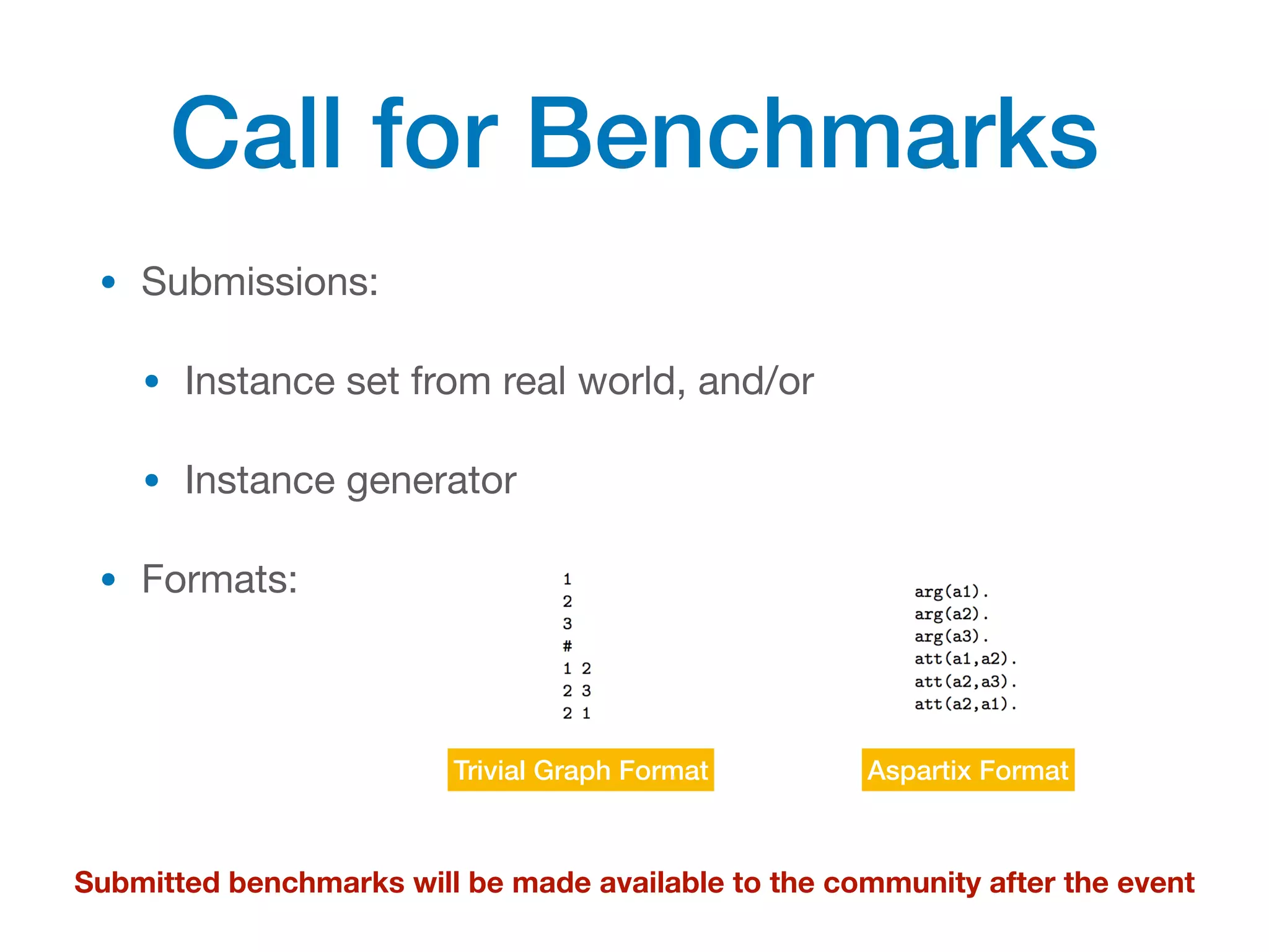 Call for Benchmarks
• Submissions:

• Instance set from real world, and/or

• Instance generator

• Formats:
Submitted benchmarks will be made available to the community after the event
Trivial Graph Format Aspartix Format
 