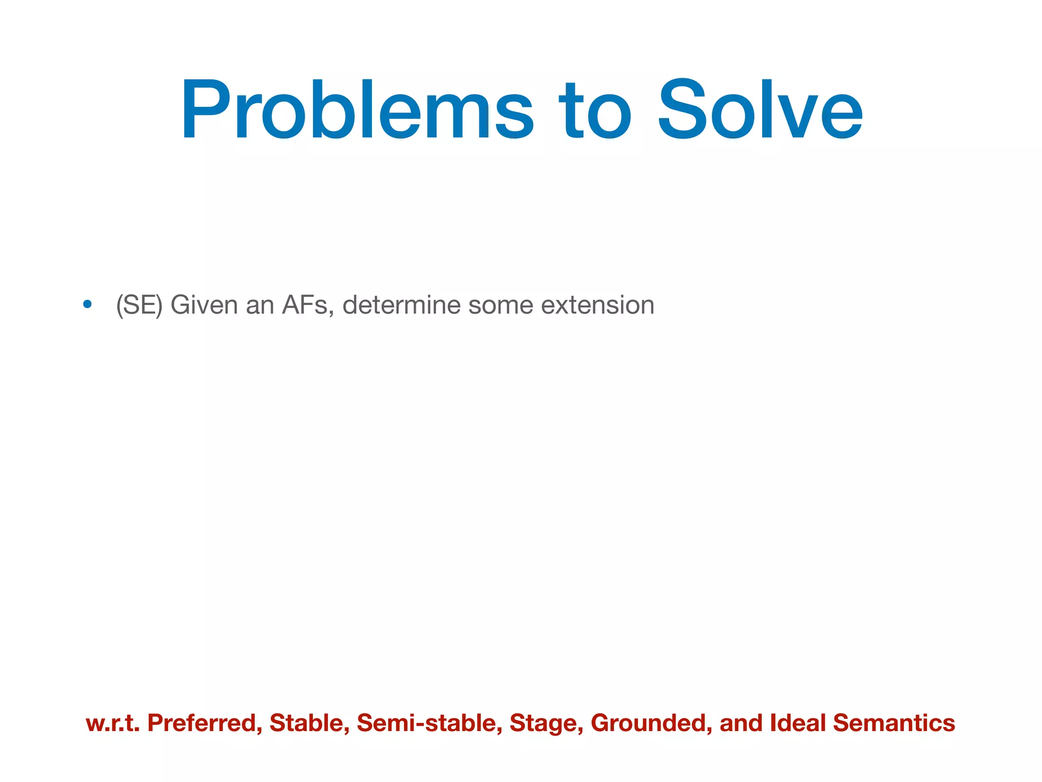 Problems to Solve
• (SE) Given an AFs, determine some extension
w.r.t. Preferred, Stable, Semi-stable, Stage, Grounded, and Ideal Semantics
 