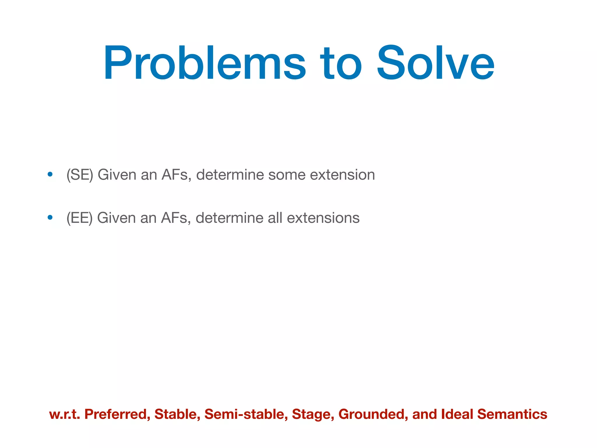 Problems to Solve
• (SE) Given an AFs, determine some extension
• (EE) Given an AFs, determine all extensions
w.r.t. Preferred, Stable, Semi-stable, Stage, Grounded, and Ideal Semantics
 