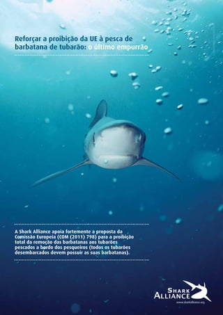 NORBERT WU / MINDEN / FLPA
Reforçar a proibição da UE à pesca de
barbatana de tubarão: o último empurrão




A Shark Alliance apoia fortemente a proposta da
Comissão Europeia (COM (2011) 798) para a proibição
total da remoção das barbatanas aos tubarões
pescados a bordo dos pesqueiros (todos os tubarões
desembarcados devem possuir as suas barbatanas).
 
