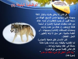 ‫الئقة‬ ‫ائز‬‫ر‬‫وغ‬ ‫ات‬‫ر‬‫بقد‬ ‫وخلق‬ ‫إال‬ ‫كائن‬ ‫كل‬
‫النسيج‬ ‫ضمن‬ ‫سيؤديها‬ ‫التي‬ ‫بمهمته‬.‫من‬ ‫فهناك‬
‫ه‬‫بصر‬ ‫أو‬ ،‫أقوى‬ ‫سمعه‬(‫العقاب‬)‫شمه‬ ‫أو‬.‫هناك‬
‫كيماوية‬ ‫معقمات‬ ‫عنده‬ ‫من‬(‫النمل‬)‫أسلحة‬ ‫أو‬
‫فتاكة‬(‫احف‬‫و‬‫ز‬)..‫ات‬‫ر‬‫ادا‬‫ر‬ ‫عنده‬ ‫من‬ ‫هناك‬ ،
‫للمسافات‬ ‫ومحددات‬(‫الذئاب‬)‫وموجهات‬‫ـ‬‫أي‬
‫مالحية‬ ‫أنظمة‬‫ـ‬‫اها‬‫ر‬‫ن‬ ‫ال‬ ‫سبل‬ ‫عبر‬(‫الطيور‬‫ـ‬
‫النحل‬‫ـ‬‫القطط‬..)
‫ضعيفا‬ ‫خلق‬ ‫اإلنسان‬ ‫لكن‬(‫اس‬‫و‬‫الح‬)
‫هائلة‬ ‫ة‬‫بقدر‬ ‫إمداده‬ ‫وتم‬ ،‫وظيفته‬ ‫تقتضيه‬ ‫لما‬
‫بداعه‬‫ا‬‫و‬ ‫وتخيله‬ ‫عقله‬ ‫في‬ ‫متمثلة‬...
‫تعالى‬ ‫قال‬(‫عون‬‫فر‬ ‫مع‬ ‫موسى‬ ‫قصة‬:)
”‫هدى‬ ‫ثم‬ ‫خلقه‬ ‫شيء‬ ‫كل‬ ‫أعطى‬ ‫الذي‬ ‫ربنا‬“
(‫طه‬ ‫ة‬‫سور‬)
 