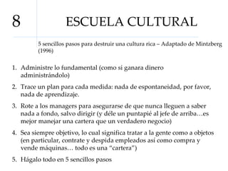 ESCUELA CULTURAL 8 5 sencillos pasos para destruir una cultura rica – Adaptado de Mintzberg (1996) Administre lo fundamental (como si ganara dinero administrándolo) Trace un plan para cada medida: nada de espontaneidad, por favor, nada de aprendizaje. Rote a los managers para asegurarse de que nunca lleguen a saber nada a fondo, salvo dirigir (y déle un puntapié al jefe de arriba…es mejor manejar una cartera que un verdadero negocio) Sea siempre objetivo, lo cual significa tratar a la gente como a objetos (en particular, contrate y despida empleados así como compra y vende máquinas… todo es una “cartera”) Hágalo todo en 5 sencillos pasos 