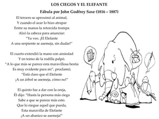 LOS CIEGOS Y EL ELEFANTE Fábula por John Godfrey Saxe (1816 – 1887) El tercero se aproximó al animal, Y cuando el azar lo hizo atrapar Entre su manos la retorcida trompa Alzó la cabeza para anunciar: “ Ya veo. ¡El Elefante A una serpiente se asemeja, sin dudar!” El cuarto extendió la mano con ansiedad Y en torno de la rodilla palpó. “ A lo que más se parece esta maravillosa bestia Es muy evidente para mi”, proclamó; “ Está claro que el Elefante ¡A un árbol se asemeja, cómo no!” El quinto fue a dar con la oreja, Él dijo: “Hasta la persona más ciega Sabe a que se parece más esto. Que lo niegue aquel que pueda, Esta maravilla de Elefante ¡A un abanico se asemeja!” 
