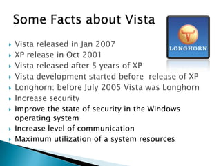 











Vista released in Jan 2007
XP release in Oct 2001
Vista released after 5 years of XP
Vista development started before release of XP
Longhorn: before July 2005 Vista was Longhorn
Increase security
Improve the state of security in the Windows
operating system
Increase level of communication
Maximum utilization of a system resources

 