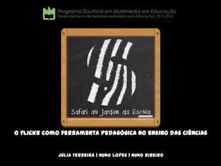 Programa Doutoral em Multimédia em Educação
             Desenvolvimento de Materiais Multimédia para Educação| 2012-2013




O Flickr como ferramenta pedagógica no ensino das Ciências


             Júlia Ferreira | Nuno Lopes | Nuno Ribeiro
 
