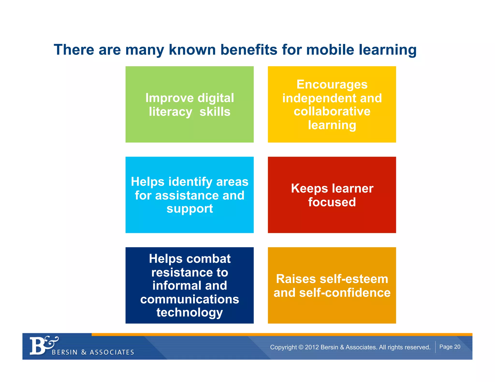 There are many known benefits for mobile learning

                                       Encourages
            Improve digital          independent and
             literacy skills           collaborative
                                         learning



          Helps identify areas
                                        Keeps learner
          for assistance and
                                          focused
                support



            Helps combat
             resistance to
                                  Raises self-esteem
             informal and
                                  and self-confidence
           communications
              technology

                                 Copyright © 2012 Bersin & Associates. All rights reserved.   Page 20
 