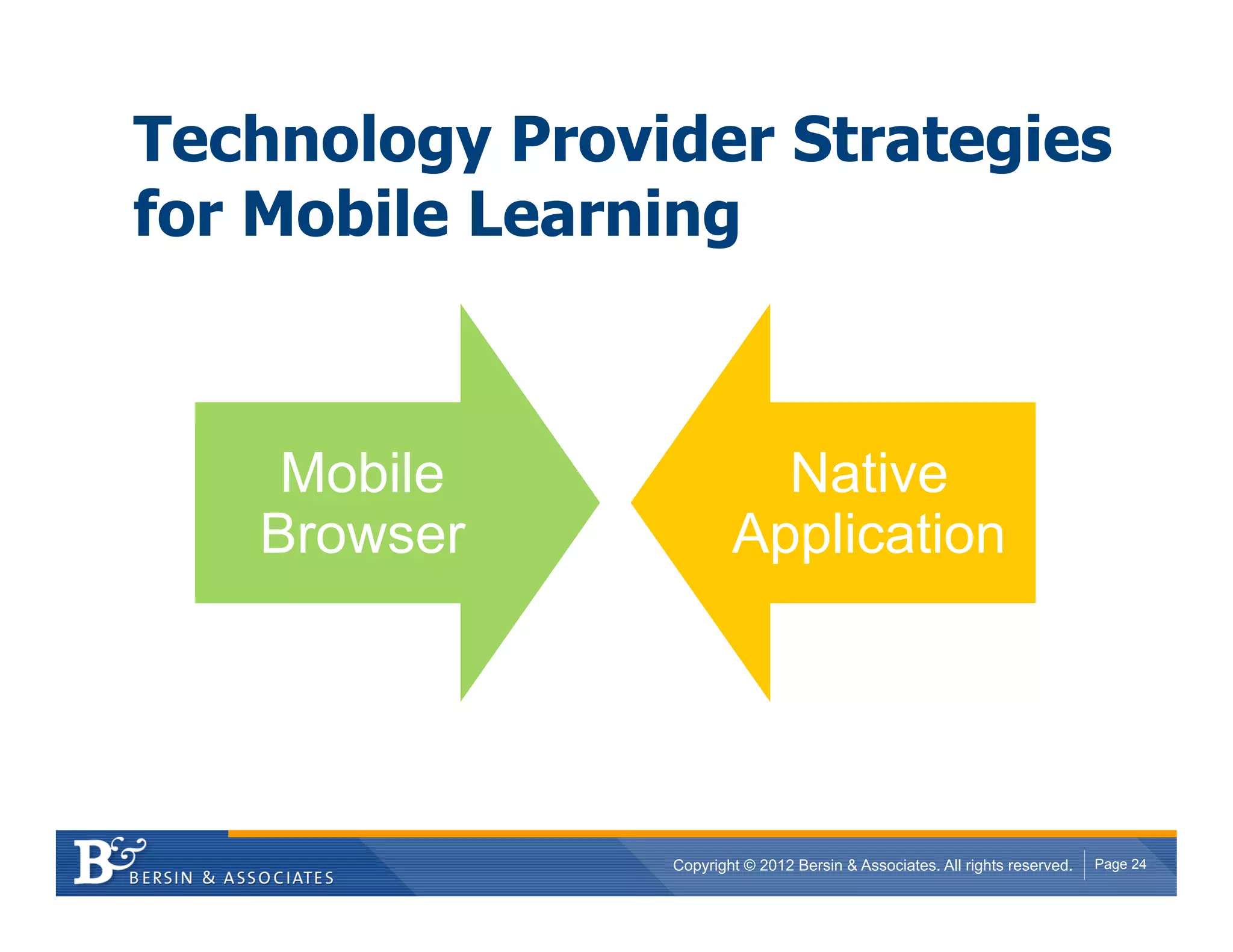 Technology Provider Strategies
for Mobile Learning



    Mobile                Native
   Browser              Application




                Copyright © 2012 Bersin & Associates. All rights reserved.   Page 24
 