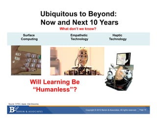 Ubiquitous to Beyond:
                                      Now and Next 10 Years
                                           What don’t we know?
               Surface                          Empathetic                          Haptic
              Computing                         Technology                        Technology




                         Will Learning Be
                         “Humanless”?

Source: CITEC,,Apple, Intel-Educomp


                                                        Copyright © 2012 Bersin & Associates. All rights reserved.   Page 15
 