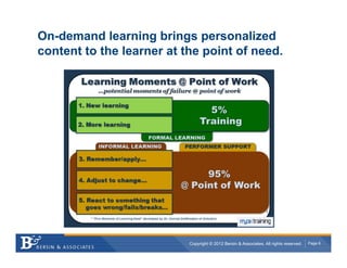 On-demand learning brings personalized
content to the learner at the point of need.




                           Copyright © 2012 Bersin & Associates. All rights reserved.   Page 6
 