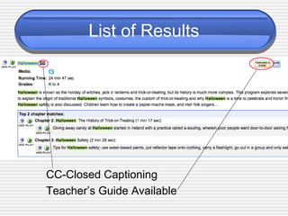List of Results
CC-Closed Captioning
Teacher’s Guide Available
 