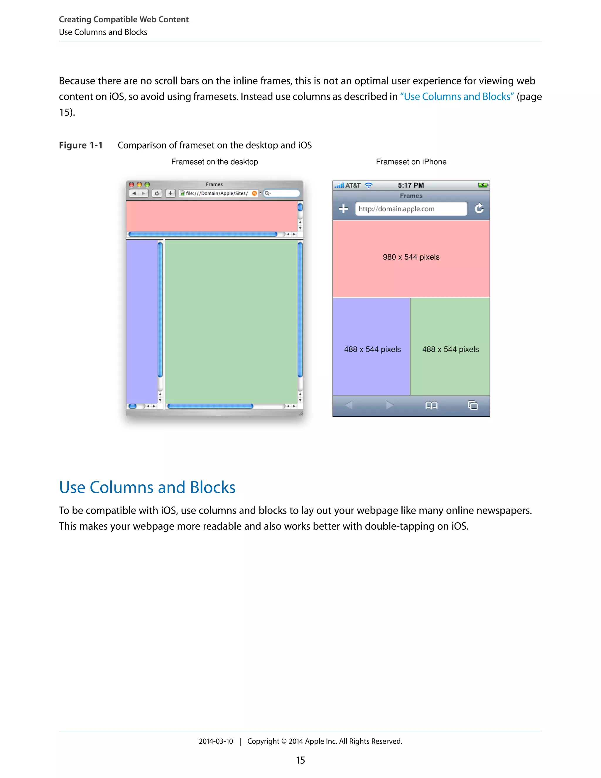 Because there are no scroll bars on the inline frames, this is not an optimal user experience for viewing web
content on iOS, so avoid using framesets. Instead use columns as described in “Use Columns and Blocks” (page
15).
Figure 1-1 Comparison of frameset on the desktop and iOS
Frameset on the desktop Frameset on iPhone
980 x 544 pixels
488 x 544 pixels 488 x 544 pixels
Use Columns and Blocks
To be compatible with iOS, use columns and blocks to lay out your webpage like many online newspapers.
This makes your webpage more readable and also works better with double-tapping on iOS.
Creating Compatible Web Content
Use Columns and Blocks
2014-03-10 | Copyright © 2014 Apple Inc. All Rights Reserved.
15
 