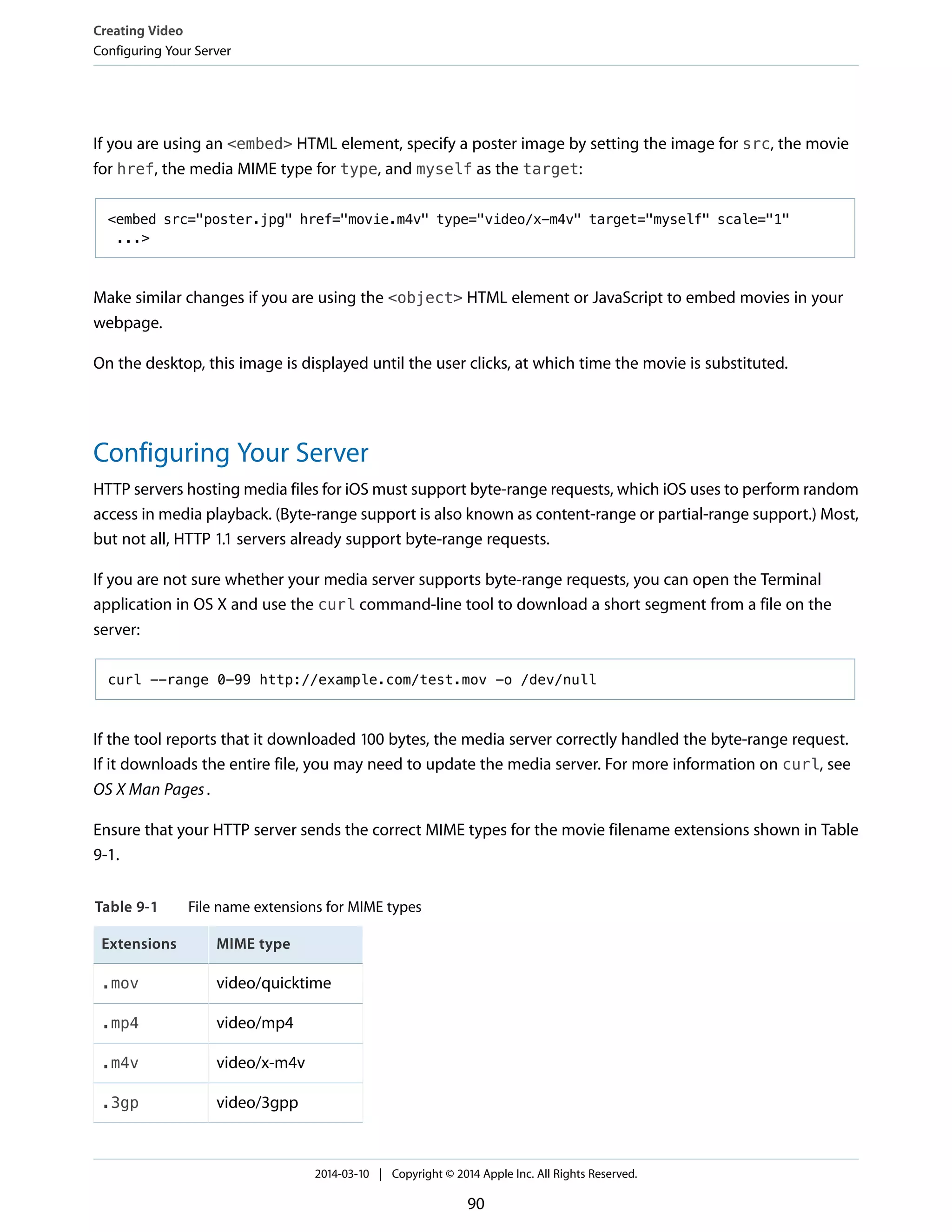 If you are using an <embed> HTML element, specify a poster image by setting the image for src, the movie
for href, the media MIME type for type, and myself as the target:
<embed src="poster.jpg" href="movie.m4v" type="video/x-m4v" target="myself" scale="1"
...>
Make similar changes if you are using the <object> HTML element or JavaScript to embed movies in your
webpage.
On the desktop, this image is displayed until the user clicks, at which time the movie is substituted.
Configuring Your Server
HTTP servers hosting media files for iOS must support byte-range requests, which iOS uses to perform random
access in media playback. (Byte-range support is also known as content-range or partial-range support.) Most,
but not all, HTTP 1.1 servers already support byte-range requests.
If you are not sure whether your media server supports byte-range requests, you can open the Terminal
application in OS X and use the curl command-line tool to download a short segment from a file on the
server:
curl --range 0-99 http://example.com/test.mov -o /dev/null
If the tool reports that it downloaded 100 bytes, the media server correctly handled the byte-range request.
If it downloads the entire file, you may need to update the media server. For more information on curl, see
OS X Man Pages.
Ensure that your HTTP server sends the correct MIME types for the movie filename extensions shown in Table
9-1.
Table 9-1 File name extensions for MIME types
MIME typeExtensions
video/quicktime.mov
video/mp4.mp4
video/x-m4v.m4v
video/3gpp.3gp
Creating Video
Configuring Your Server
2014-03-10 | Copyright © 2014 Apple Inc. All Rights Reserved.
90
 