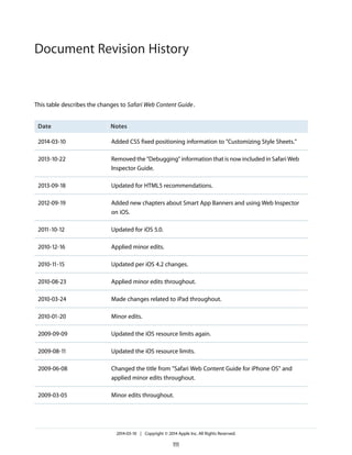This table describes the changes to Safari Web Content Guide.
NotesDate
Added CSS fixed positioning information to "Customizing Style Sheets."2014-03-10
Removed the "Debugging" information that is now included in Safari Web
Inspector Guide.
2013-10-22
Updated for HTML5 recommendations.2013-09-18
Added new chapters about Smart App Banners and using Web Inspector
on iOS.
2012-09-19
Updated for iOS 5.0.2011-10-12
Applied minor edits.2010-12-16
Updated per iOS 4.2 changes.2010-11-15
Applied minor edits throughout.2010-08-23
Made changes related to iPad throughout.2010-03-24
Minor edits.2010-01-20
Updated the iOS resource limits again.2009-09-09
Updated the iOS resource limits.2009-08-11
Changed the title from "Safari Web Content Guide for iPhone OS" and
applied minor edits throughout.
2009-06-08
Minor edits throughout.2009-03-05
2014-03-10 | Copyright © 2014 Apple Inc. All Rights Reserved.
111
Document Revision History
 