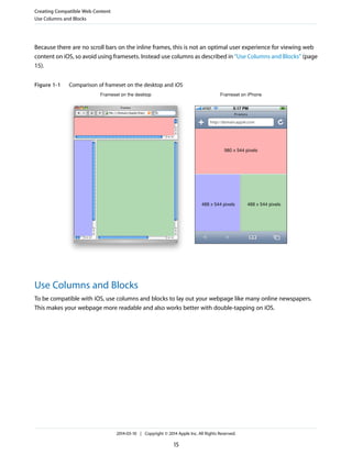 Because there are no scroll bars on the inline frames, this is not an optimal user experience for viewing web
content on iOS, so avoid using framesets. Instead use columns as described in “Use Columns and Blocks” (page
15).
Figure 1-1 Comparison of frameset on the desktop and iOS
Frameset on the desktop Frameset on iPhone
980 x 544 pixels
488 x 544 pixels 488 x 544 pixels
Use Columns and Blocks
To be compatible with iOS, use columns and blocks to lay out your webpage like many online newspapers.
This makes your webpage more readable and also works better with double-tapping on iOS.
Creating Compatible Web Content
Use Columns and Blocks
2014-03-10 | Copyright © 2014 Apple Inc. All Rights Reserved.
15
 