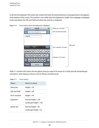 to dismiss the keyboard. The button bar contains the back, forward, bookmarks, and page buttons and appears
at the bottom of the screen. The tool bar is not visible when the keyboard is visible. Your webpage is displayed
in the area below the URL text field and above the tool bar or keyboard.
Figure 5-1 Form metrics when the keyboard is displayed
Status bar: 20 pixels
URL text field: 60 pixels
Form assistant: 44 pixels
Keyboard: 216 pixels
480 pixels
Table 5-1 contains the metrics for the objects that you need to be aware of, in both portrait and landscape
orientation, when laying out forms to fit on iPhone and iPod touch.
Table 5-1 Form metrics
Metrics in pixelsObject
Height = 20Status bar
Height = 60URL text field
Height = 44Form assistant
Portrait height = 216
Landscape height = 162
Keyboard
Portrait height = 44
Landscape height = 32
Button bar
Designing Forms
Laying Out Forms
2014-03-10 | Copyright © 2014 Apple Inc. All Rights Reserved.
58
 