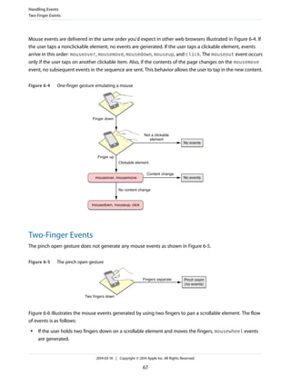Mouse events are delivered in the same order you'd expect in other web browsers illustrated in Figure 6-4. If
the user taps a nonclickable element, no events are generated. If the user taps a clickable element, events
arrive in this order: mouseover, mousemove, mousedown, mouseup, and click. The mouseout event occurs
only if the user taps on another clickable item. Also, if the contents of the page changes on the mousemove
event, no subsequent events in the sequence are sent. This behavior allows the user to tap in the new content.
Figure 6-4 One-finger gesture emulating a mouse
Content change
Finger down
Not a clickable
element
No events
Finger up
Clickable element
mouseover, mousemove No events
No content change
mousedown, mouseup, click
Two-Finger Events
The pinch open gesture does not generate any mouse events as shown in Figure 6-5.
Figure 6-5 The pinch open gesture
Fingers separate Pinch zoom
(no events)
Two fingers down
Figure 6-6 illustrates the mouse events generated by using two fingers to pan a scrollable element. The flow
of events is as follows:
● If the user holds two fingers down on a scrollable element and moves the fingers, mousewheel events
are generated.
Handling Events
Two-Finger Events
2014-03-10 | Copyright © 2014 Apple Inc. All Rights Reserved.
67
 