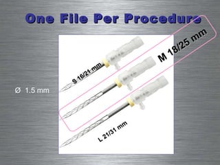 S 16/21 mm M 18/25 mm L 21/31 mm Ø  1.5 mm One File Per Procedure 