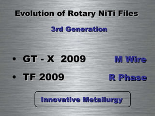Evolution of Rotary NiTi Files 3rd Generation GT - X  2009  M Wire TF 2009  R Phase   Innovative Metallurgy 