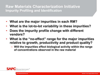 Raw Materials Characterization Initiative Impurity Profiling and Identification What are the major impurities in each RM? What is the lot-to-lot variability in these impurities? Does the impurity profile change with different vendors? What is the “no-effect” range for the major impurities relative to growth, productivity and product quality? Will the impurities effect biological activity within the range of concentrations observed in the raw material 