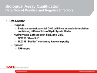 Biological Assay Qualification Detection of Positive and Negative Effectors RMAQ002 Purpose Evaluate several parental CHO cell lines in media formulation containing different lots of Hydrolysate Media Hydrolysate Lots at both 5g/L and 2g/L 8E0258 “Good lot” 6L0359 “Bad lot” containing known impurity System TPP tubes 