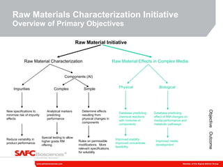 Raw Materials Characterization Initiative Overview of Primary Objectives Raw Material Initiative Objective Outcome Raw Material Characterization Raw Material Effects in Complex Media Components (AI) Complex Simple Impurities New specifications to minimize risk of impurity effects Reduce variability in product performance Analytical markers predicting performance Special testing to allow higher grade RM offering Determine effects resulting from physical changes in components Rules on permissible modifications.  More relevant specifications for solubility Physical Biological Database predicting chemical reactions with mixtures of components Database predicting effect of RM changes on media performance and metabolic pathways Improved stability.  Improved concentrate feasibility Improved media development 